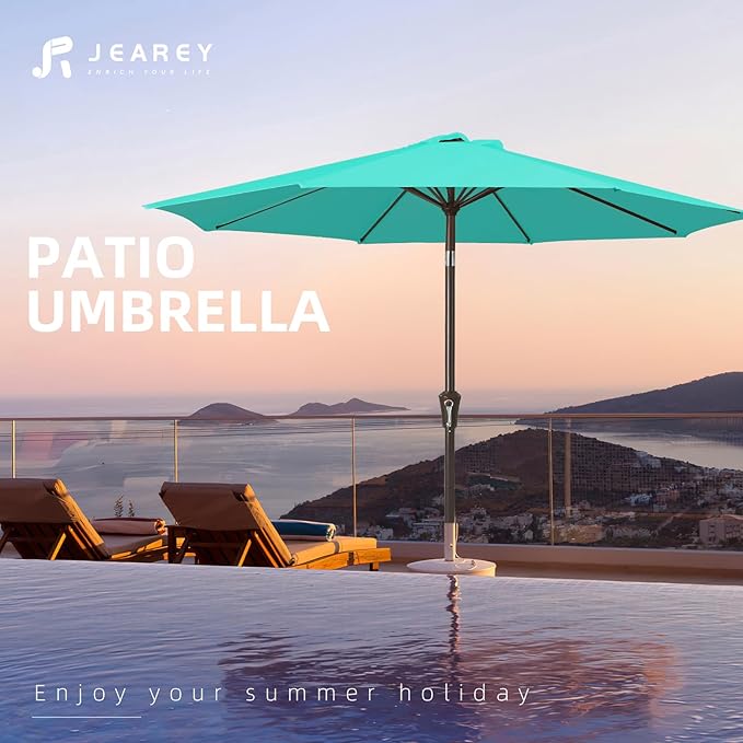 JEAREY 10FT Outdoor Patio Umbrella Outdoor Table Umbrella with Push Button Tilt and Crank, Market Umbrella 8 Sturdy Ribs UV Protection Waterproof for Pool, Garden (Aqua Sky)