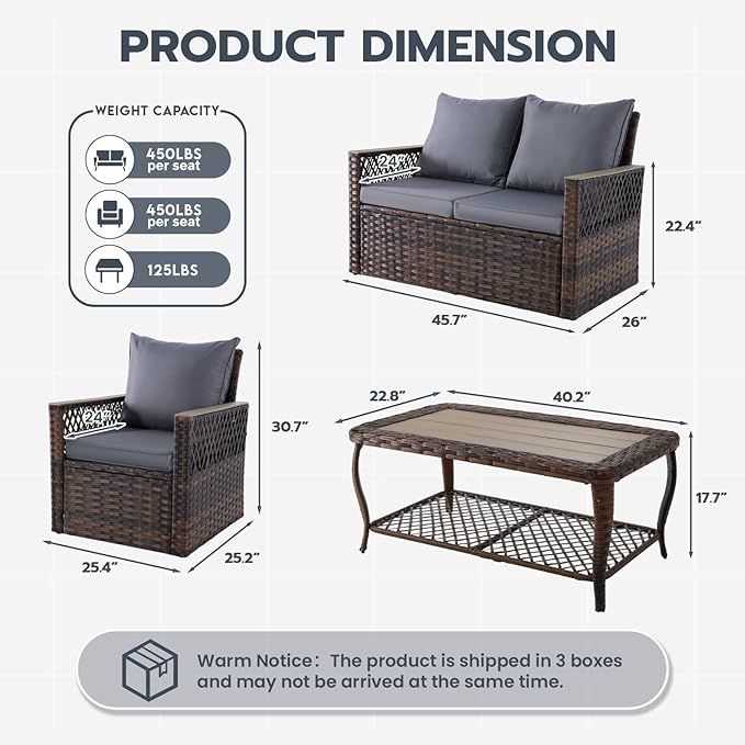 MELLCOM 4 Pieces Patio Furniture Set, Outdoor Wicker Chairs with Loveseats and Coffee Table, All-Weather Patio Conversation Set with Water-Resistant Cushions and High Back for Garden, Backyard