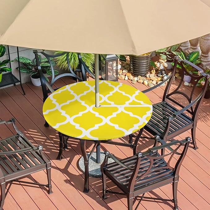 Fitted Round Tablecloth with Umbrella Hole and Zipper Yellow Moroccan Outdoor Elastic Table Cloth 45"-56" Oil-Proof Waterproof Morocco Geometric Patio Table Cover for Dining Picnic Party