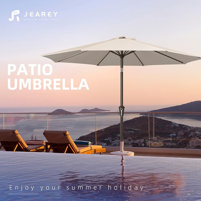 JEAREY 9FT Outdoor Patio Umbrella Outdoor Table Umbrella with Push Button Tilt and Crank, Market Umbrella 8 Sturdy Ribs UV Protection Waterproof for Pool, Garden (Beige)