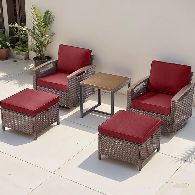 Rilyson Wicker Outdoor Patio Furniture Set - 5 Piece Patio Conversation Sets with Swivel Rocker Chairs, Ottomans and Side Table, Thick Cushions, Waterproof Wicker, for Porch Deck Brown/Red