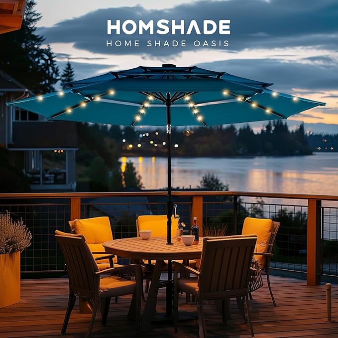 HOMSHADE 9FT 3-Tier Solar Patio Umbrella,Vented Market Table Umbrella Windproof w/32 LED Lights, UPF50+, 5-Year Fade Resistant, 8 Thicker Ribs for Pool, Lawn, Garden, Deck (Light Blue)