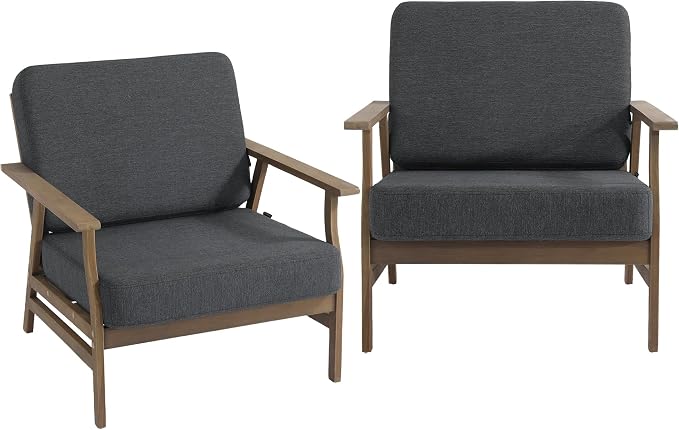 3 Piece Wood Outdoor Chairs Patio Bistro Set, Outdoor Armchair All Weather Patio Sofa Furniture Backyard Conversation Sets with Wooden Side Table - Dark Gray