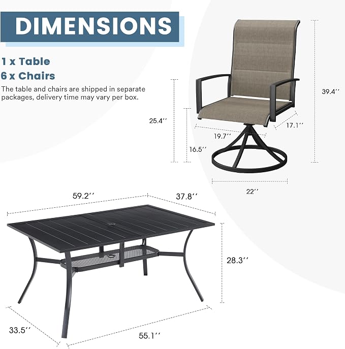 DIFY 7 Piece Outdoor Patio Dining Set for 6, 59.2" Black Rectangle Metal Dining Table and Swivel Patio Chairs with Brown Padded Textilene, All-Weather Outdoor Furniture Set for Garden Backyard Porch