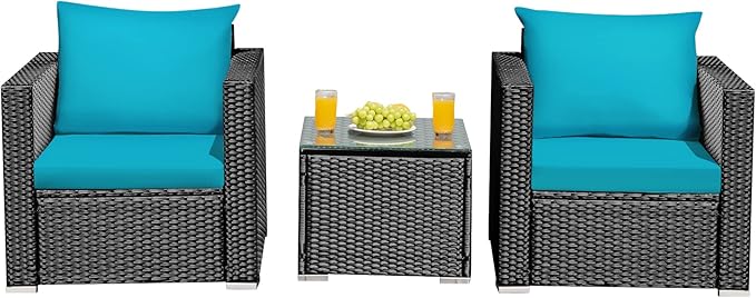 3 Pieces Patio Conversation Set Outdoor Rattan Wicker Furniture Set with Water-Resistant Cushion & Tempered Glass Tabletop, Wicker Chair for Porch, Balcony, Backyard(Turquoise)
