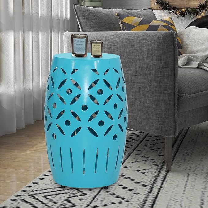 Round Patio Outdoor Indoor Lace Cut Steel Side Table Patio Garden Table Coffee End Table Nightstand for Small Spaces Living Room Front Porch Poolside Teal