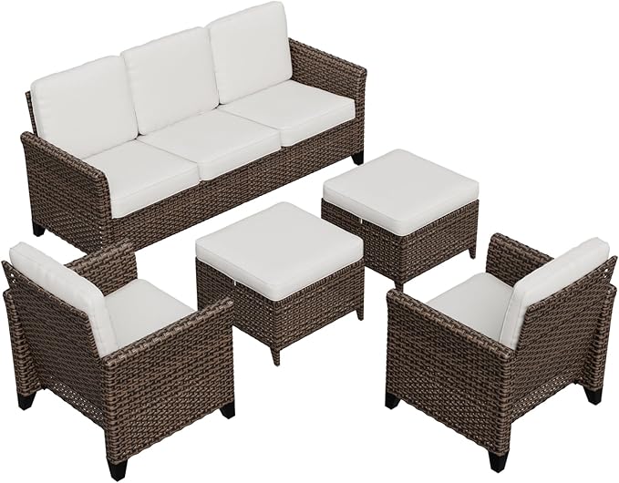COOS BAY Harbor Retreat 5 Piece Outdoor Furniture Set, Patio Conversation Set with Patio Chairs, 3 Seat Couch and Ottomans, Wicker Furniture, Brown/Beige
