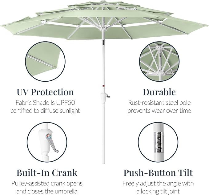 Best Choice Products 10ft 3-Tier Patio Umbrella White Pole, Outdoor Market Umbrella with Push Button Tilt and Crank Lift, Steel Pole Umbrella for Backyard Patio Pool Outdoor Shade
