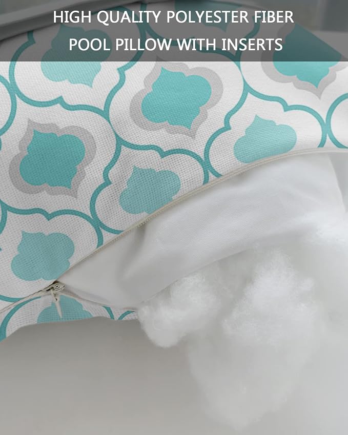 Outdoor Pillows Covers with Inserts Teal Green Turquoise Moroccan Pattern Geometric Waterproof Pillow with Adjustable Strap Throw Pillows for Patio Furniture Recliner Lounge Chair, 12x20 inch, 2PCS