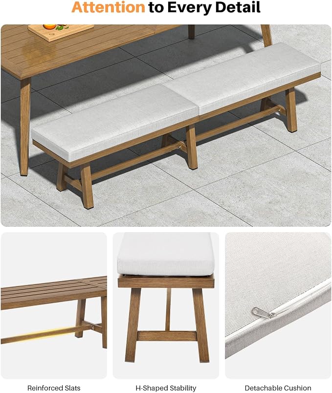 6-Piece Never-Rust Aluminum Bench Dining Table Set, Patio Dining Set with Umbrella Hole, Outdoor Bench with Rectangular Table, 2 Dining Chairs and 2 Swivel Chairs for Deck, Backyard, Teak