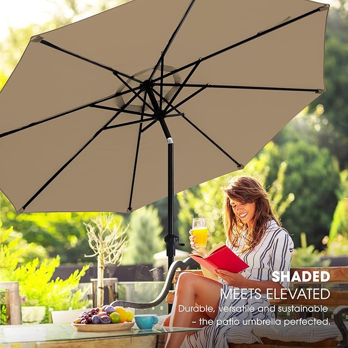 wikiwiki 10 FT Patio Umbrellas Outdoor Table Market Umbrella with Push Button Tilt/Crank, 8 Sturdy Ribs, Fade Resistant Waterproof POLYESTER DTY Canopy for Garden, Lawn, Deck, Backyard & Pool, Tan