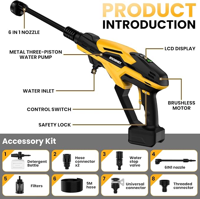 800PSI Cordless Portable Washer for Dewalt 20V Battery, Portable Handheld Washer with Brushless Motor, 6-in-1 Nozzle, 3 Level Adjustable for Car Yard Fence Wall Clean (Battery Not Included)