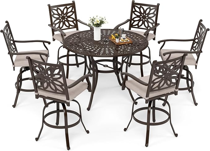 MFSTUDIO Bar Height Patio Table and Chairs, 7 Pieces Cast Aluminum Outdoor Dining Set for 6, High Top Outdoor Bar Set, 54" Round Patio Bar Table with Chairs