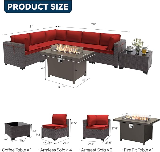 Patio Furniture Set with Aluminum Fire Pit Table 8 Pieces Outdoor Sectional Sofa Set,PE Rattan Wicker Patio Conversation Set w/43in 55000 BTU Propane Fire Pit Table,Red