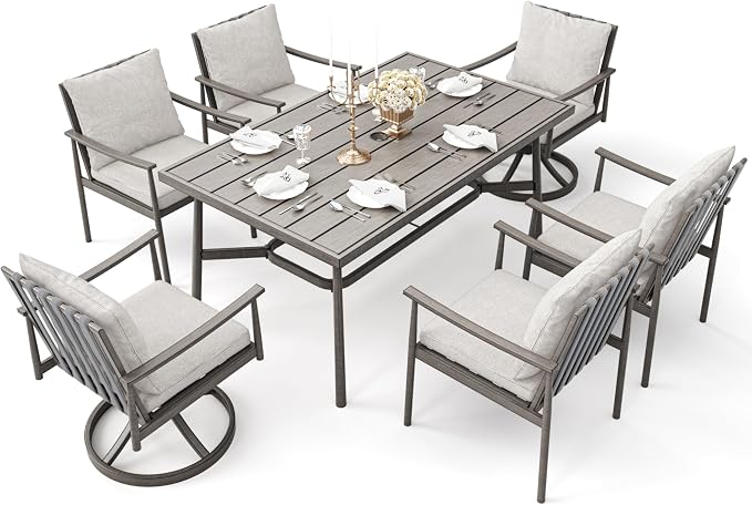 7-Piece Outdoor Dining Set for 6, Aluminum Dining Set with Cushions, 4 Dining Chair and 2 Swivel Chairs with Rope Backrest, Large Rectangular Table with Umbrella Hole for Lawn Porch Yard,Grey