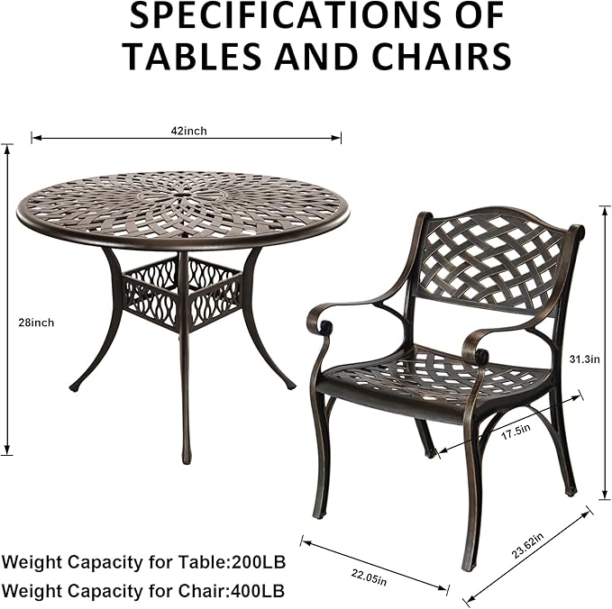 5 Piece Cast Aluminum Outdoor Dining Set, Outdoor Table and Chairs Set of 4, Patio Dining Set with 4 Chairs and 42" Round Table, Patio Conversation Set with 1.97" Umbrella Hole