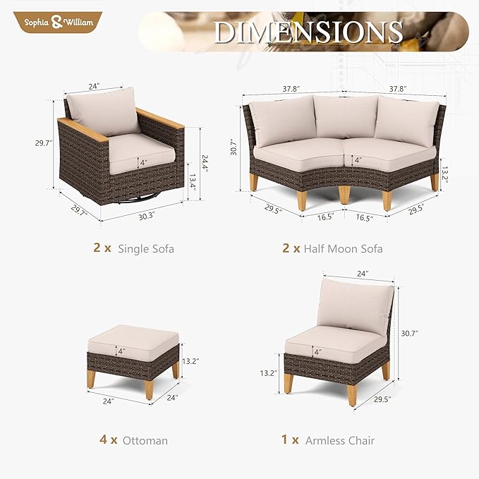 Sophia & William Half Moon Outdoor Sectional Furniture with High Back Swivel Rocker Chairs and Curved Sofa, 11PCS Wicker Patio Conversation Set for Deck Yard and Poolside, Beige