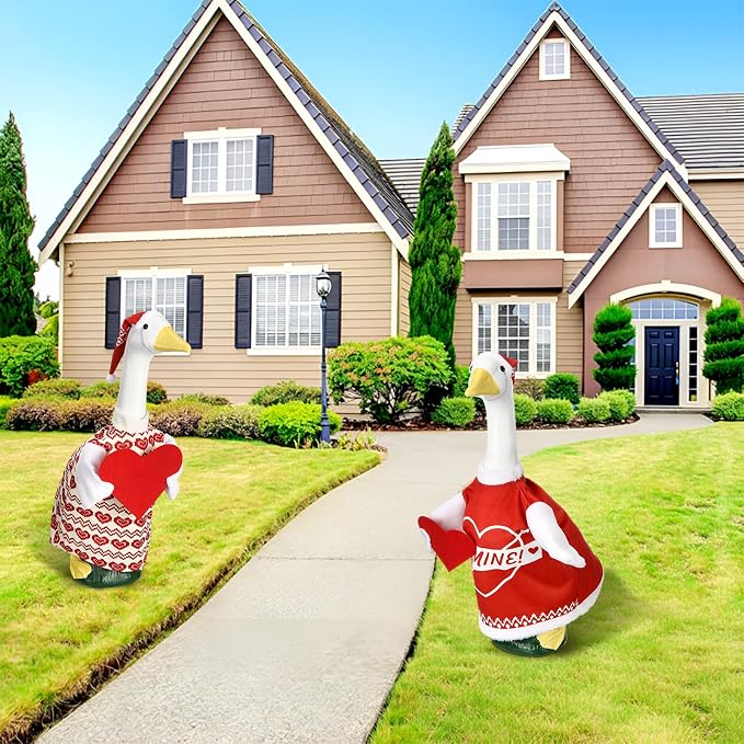 2 Sets Porch Goose Outfit Cute Red Heart Goose Dress Clothes with Headband and Wide Hat Costume for 23" Gooses Statue Decoration Patio Yard Garden Lawn Outdoor Decors