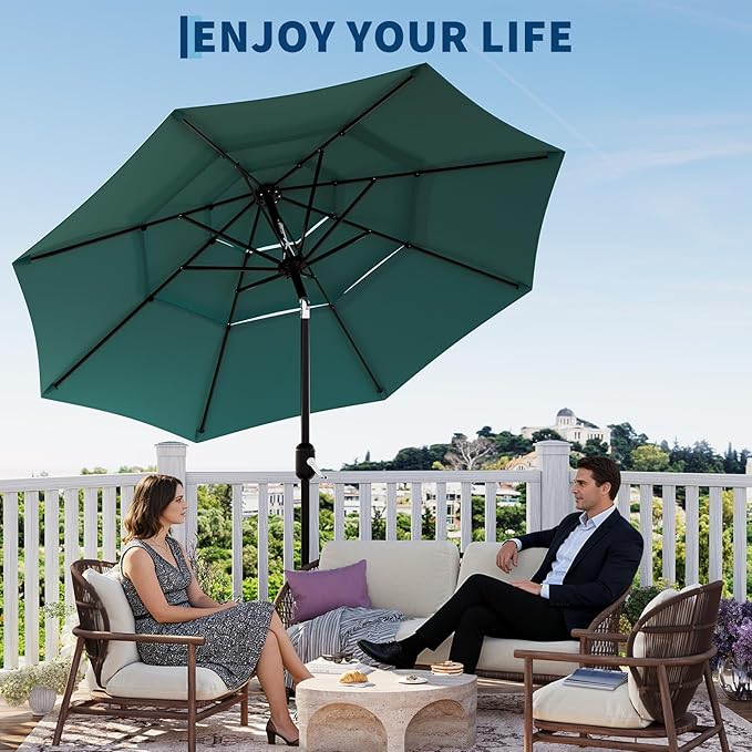 Garvee 10Ft 3-Tier Patio Umbrella, Outdoor Table Umbrella with Vents, Easy Crank and Push Button Tilt, Market Umbrella with 8 Sturdy Ribs for Pool, Deck, Yard, Garden -Turquoise