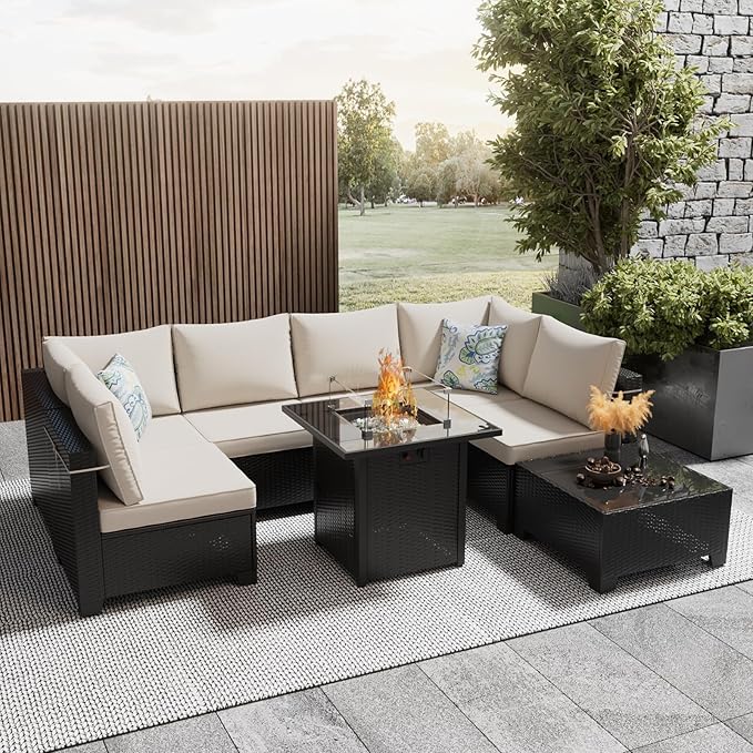 8 Pcs Patio Furniture Set with Fire Pit Table Wicker Outdoor Sectional Sofa, Conversation Set Perfect for Backyard, Garden, Deck (Coffee/Beige)