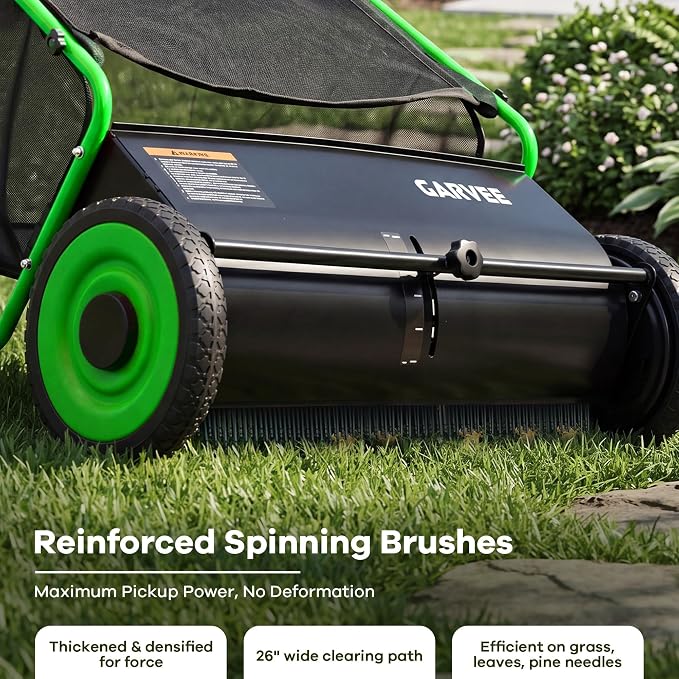 Garvee Push Lawn Sweeper, 26 in Leaf & Grass Collector with 7 Cu. ft. Hopper Bag, 4 Spinning PP Brushes, Durable Steel Construction, Adjustable Height & Rubber Tires for Leaves Grass Cleanup