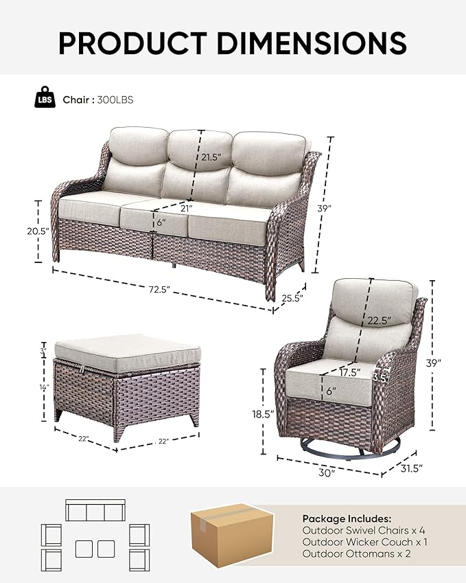 HUMMUH 7 Pieces Wicker Patio Furniture Set with Patio Swivel Chairs Set of 4,High Back Outdoor Sofa Ottomans,6 Inch Thick Cushions Outdoor Conversation Set for Porch, Balcony, Deck