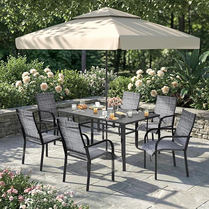 7 Pieces Patio Table and Chairs Set, 63" Metal Dining Table with Umbrella Hole & 6 Textilene Fixed Chairs, Dining Table Set for 6, Outdoor Furniture for Porch Deck Backyard Balcony, Grey
