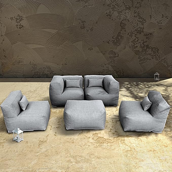 Patio Furniture Set Bean Bag 5 Pieces Outdoor Chairs Sectional Conversation Patio Set Daybed Furniture Outdoor Sofa Couch High Density Foam Filling Modern Comfy Patio Couch, Dark Gray