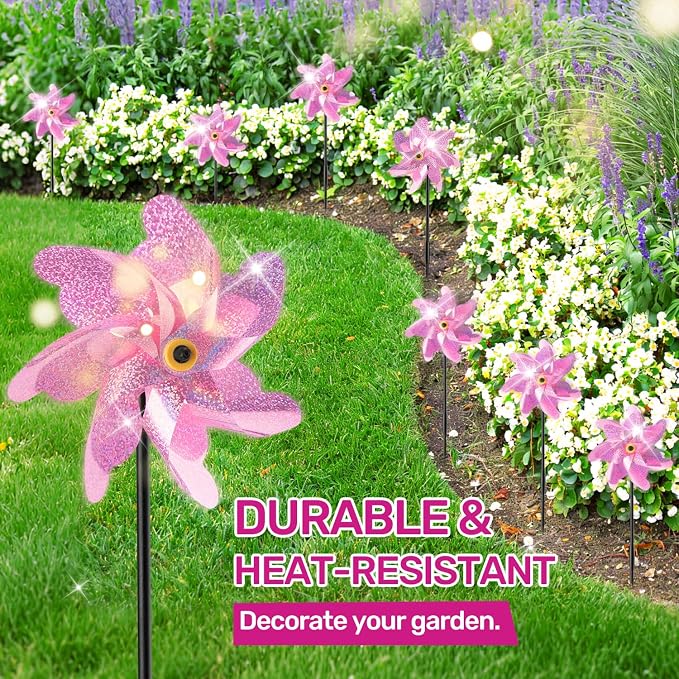 BATTIFE Preassembled Reflective Pinwheels for Yard & Garden, Pink, 10 Pack | Sparkly Reflective Material Spinner, Spins Best in Steady Wind, Animal-Deterrent Results Vary by Placement and Conditions