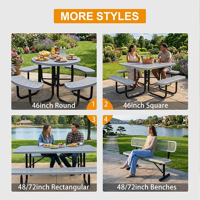 46In Round Outdoor Picnic Table – Heavy-Duty Commercial Steel Table with Thermoplastic Coating, Weatherproof & Rust-Resistant, Perfect for Parks, Patios, Schools & Campgrounds (Gray)