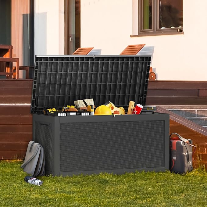 PatioZen 320 Gallon Deck Boxes Outdoor Waterproof, Weatherproof Outdoor Storage Boxes Lockable for Patio Furniture, Pool Supplies,Garden Tools(Black)