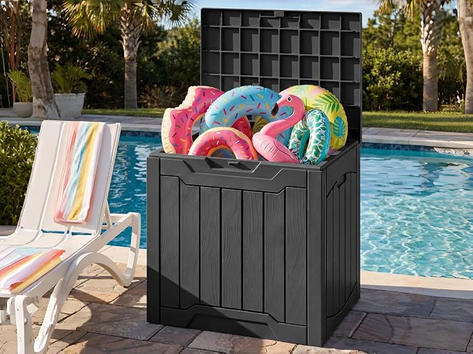 30 Gallon Deck Box Outdoor Storage Bench, Wood-Like Texture Resin Patio Box with Lockable Lid, Waterproof UV Resistant Outdoor Seat for Patio, Garden, Poolside
