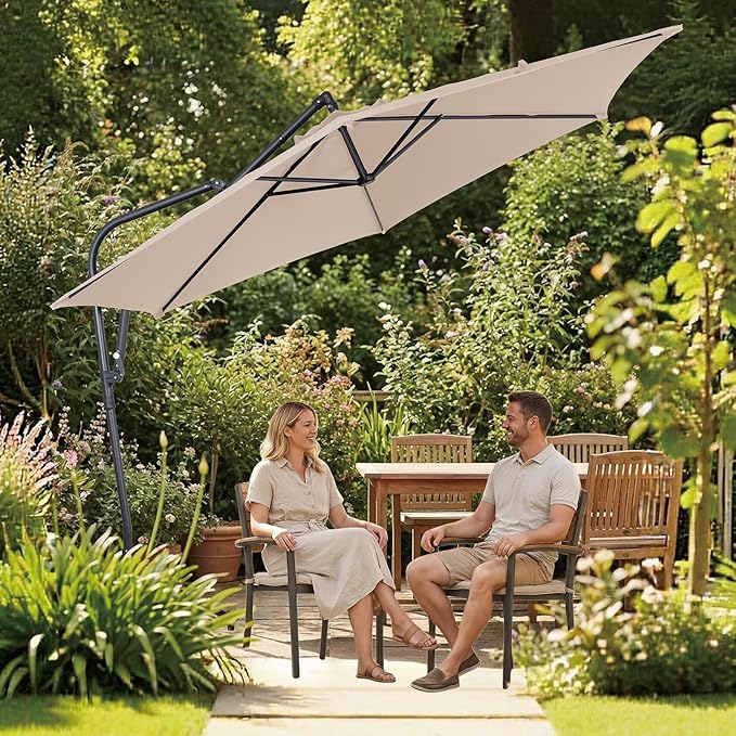 10FT Offset Patio Umbrella, Cantilever Hanging Umbrella with Infinite Tilt, Fade-Resistant Water-Repellent Canopy & Cross Base for Yard, Garden & Deck