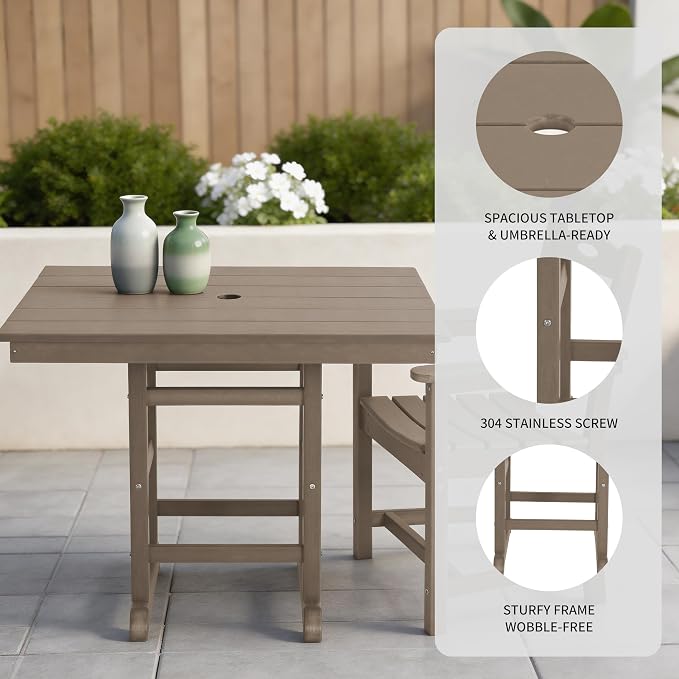 3 Piece Outdoor Patio Dining Set, HDPE 37.8" Square Dining Table & 2 Comfortable Armchairs, 1.77" Umbrella Hole, Heavy Duty Poly Bistro Furniture for Balcony, Porch, Garden, Poolside, Weathered Wood