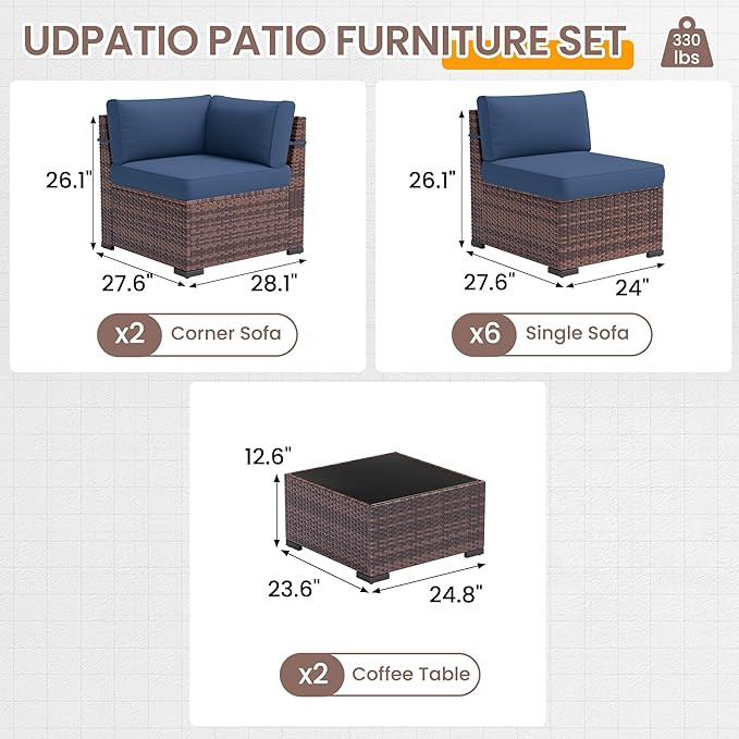 UDPATIO Patio Furniture Set, Modular Outdoor Sectional with 105°Slanted Back, 10 Pieces Rattan Conversation Set for Poolside, Backyard, Deck, with Coffee Table, Waterproof Cover, Blue