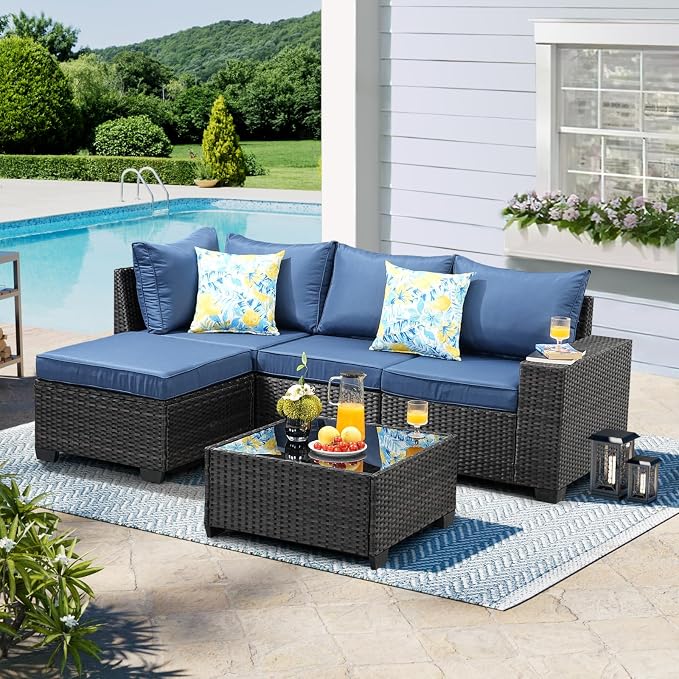 5-Piece Outdoor Patio Furniture Set, Modular Wicker Sectional Sofa with Thick Cushions & Coffee Table, All-Weather Rattan Conversation Set for Backyard, Porch, Poolside, Navy