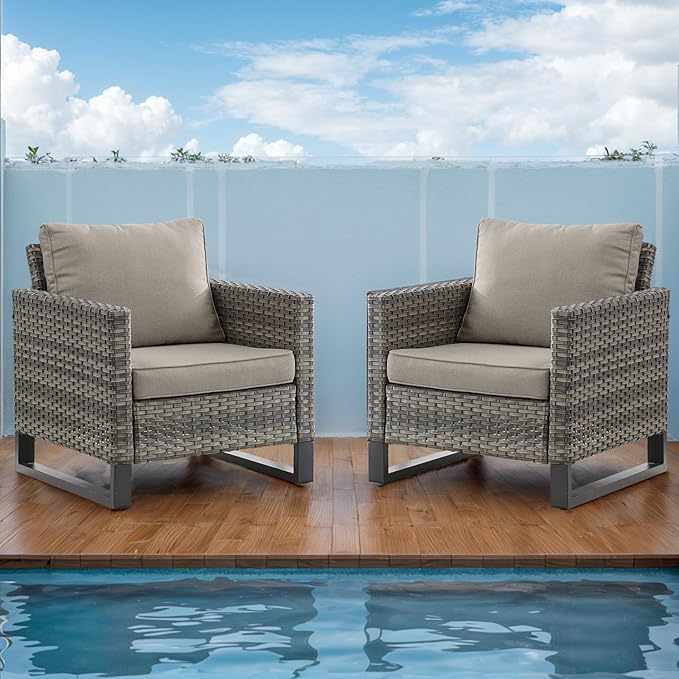 Rilyson Wicker Outdoor Patio Chairs Set of 2-2 Piece Rattan Chairs with Waterproof Wicker,Comfortable Cushions and Sturdy Metal Frame for Outside Porch Deck Backyard(Mixed Grey/Grey)