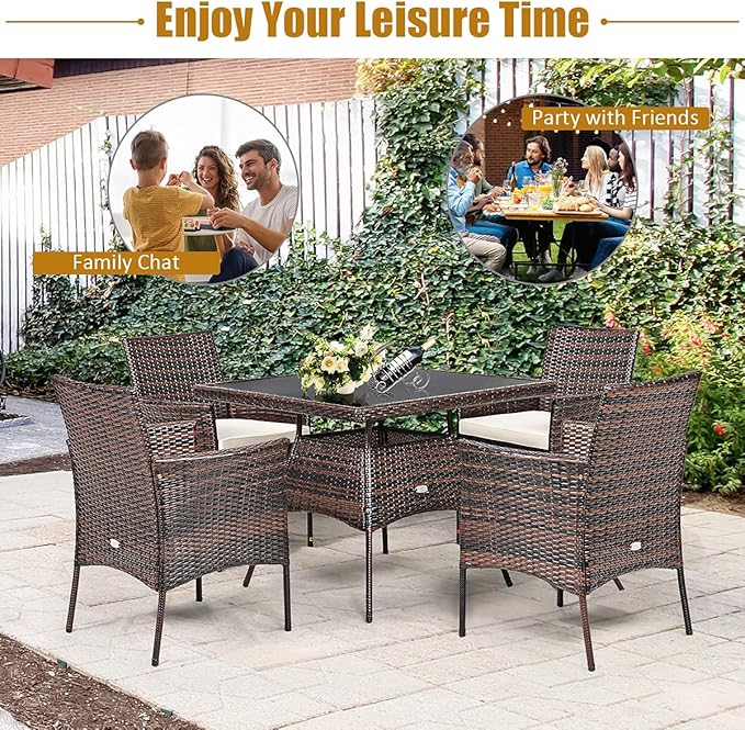 Tangkula 5 Pieces Wicker Patio Dining Set, Outdoor PE Rattan Chairs Table Set with 4 Seat Cushions, Patio Dining Furniture with Tempered Glass Tabletop, Suitable for Porch, Yard