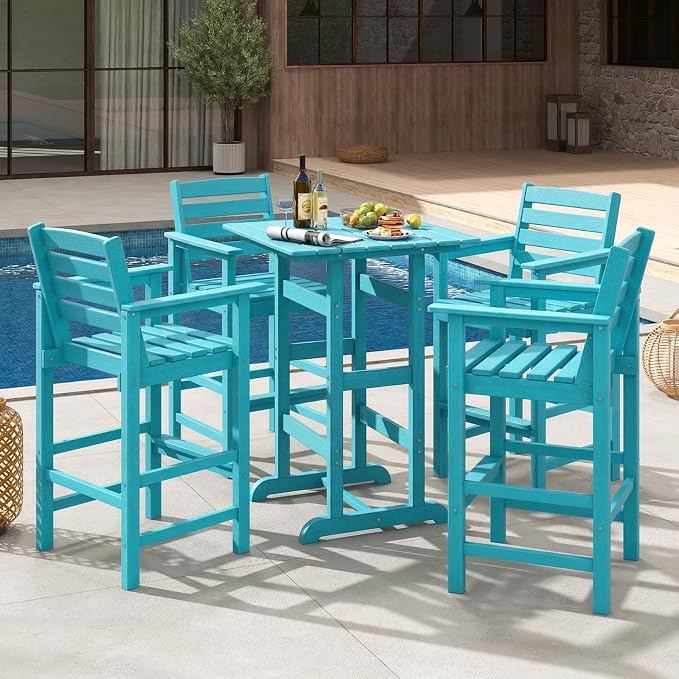 Giantex 42" Height Outdoor Tall Bar Table, HDPE Square Pub Table with Wood Grains, Cocktail High Top Tables for Adirondack Chairs, Patio, Bistro, Garden, Poolside, Yard, Balcony, Turquoise