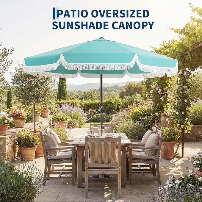 PeakPursuit 9 ft Patio Umbrella with Fringe, Tassel Outdoor Beach Umbrella for Sand with Push Button Tilt, 8 Fiberglass Ribs, UV 50+ Sun Protection for Garden, Pool, Backyard, Deck