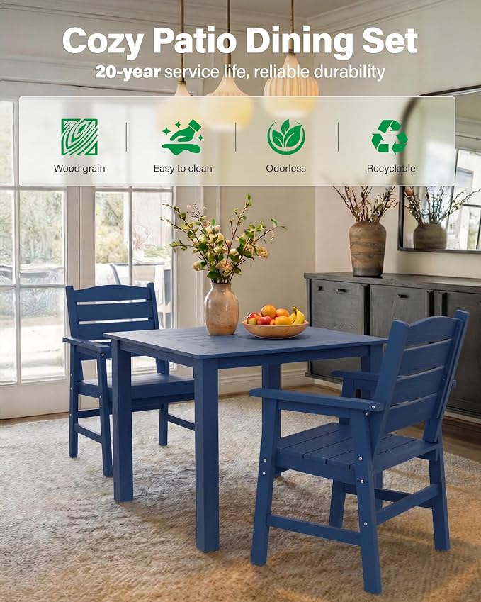 YEFU 3-Piece Outdoor Table and Chairs :All-Weather HIPS Patio Dining Sets for 2 Easy Assembly Outdoor Dining Set - Square Wood Grain Patio Furniture Set for Backyard Garden Deck Poolside(Navy)