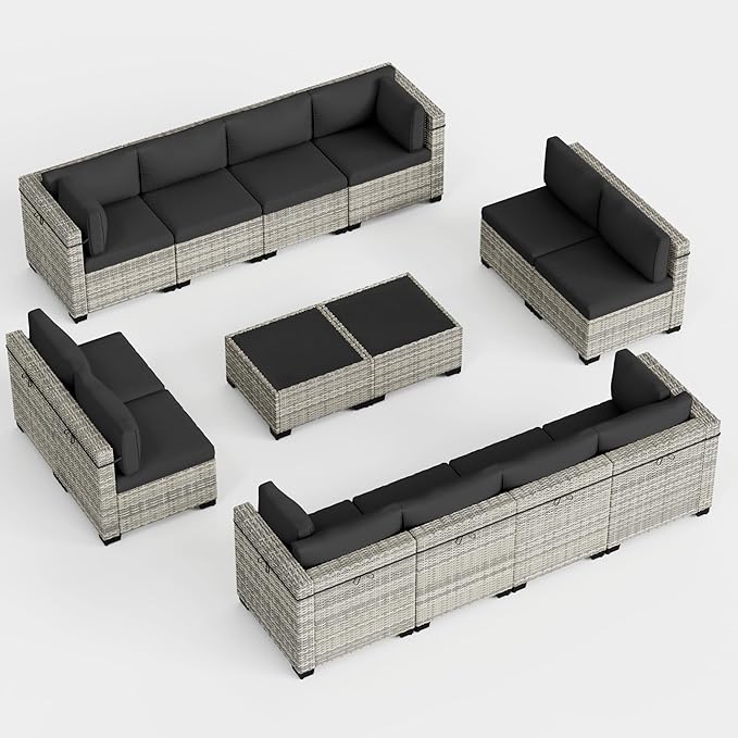 14-Piece Outdoor Patio Furniture Set, PE Wicker Rattan Sectional Sofa Conversation Set with Tempered Glass Table & Thick Cushions - All-Weather Garden, Backyard Furniture, Dark Grey
