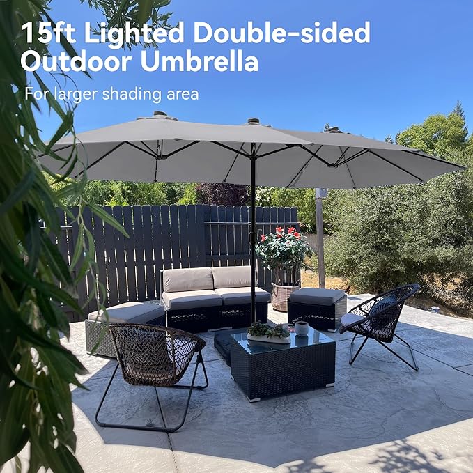 PHI VILLA 15ft Large Patio Umbrella with Solar Lights, Double-Sided Outdoor Market Rectangle Umbrellas with 36 LED Lights, Umbrella Base (Stand) Included, Light Grey