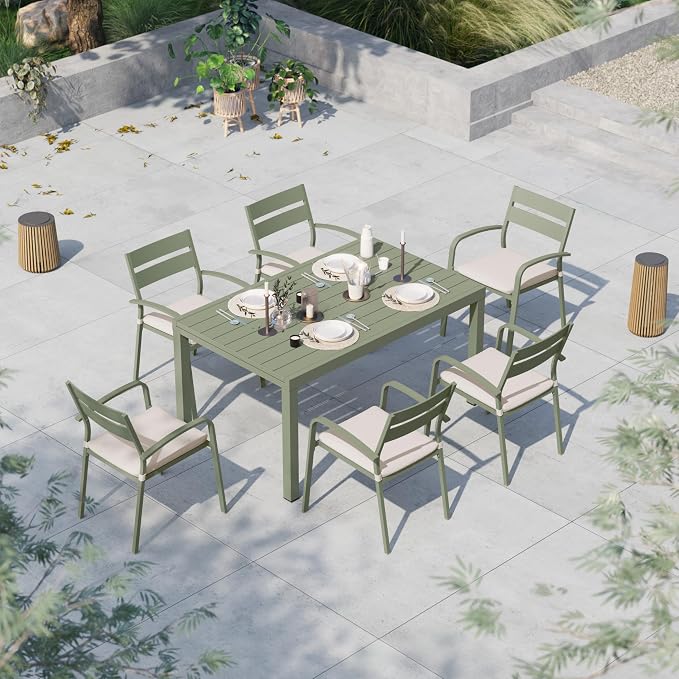 Soleil Jardin 7-Piece Outdoor Patio Dining Set, 59" - 83" Aluminum Expandable Outdoor Dining Table Set for 6, 6 Stackable Chairs with Beige Removable Cushions, Green