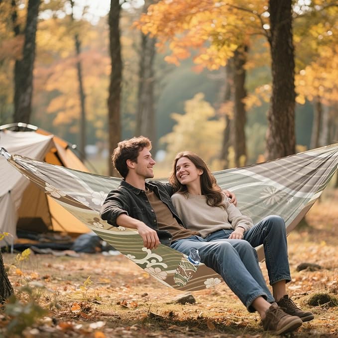 Brownish Green Japanese Retro Pattern 330lb Capacity Camping Hammock Hanging Hammock for Camping & Hiking Essential Silla colgante para Patio Exterior