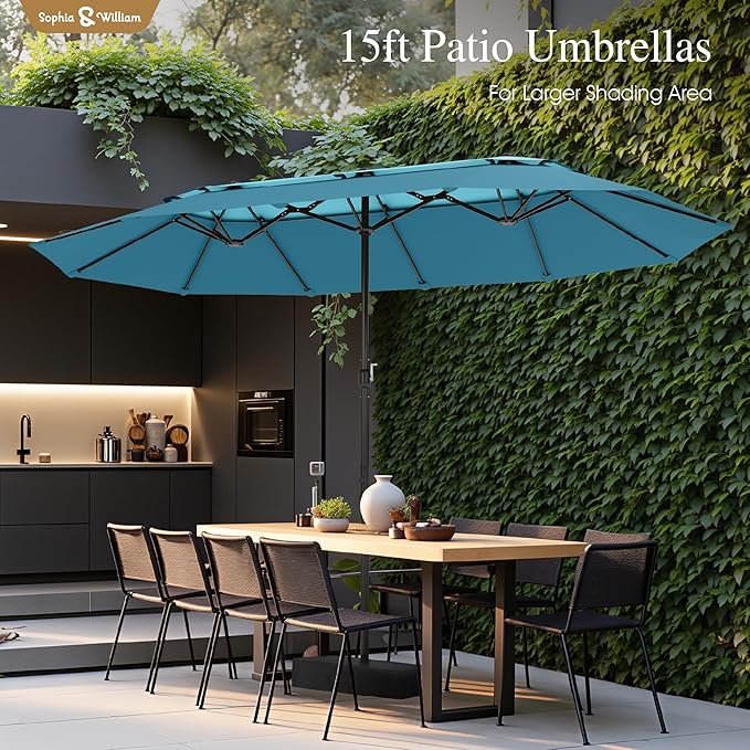 Sophia & William 15ft Extra Large Patio Umbrella with Base Included, 2-Tier Double-Sided Rectangle Outdoor Umbrella with Stand, Market Umbrella for Pool Garden Backyard, Blue & Cerulean