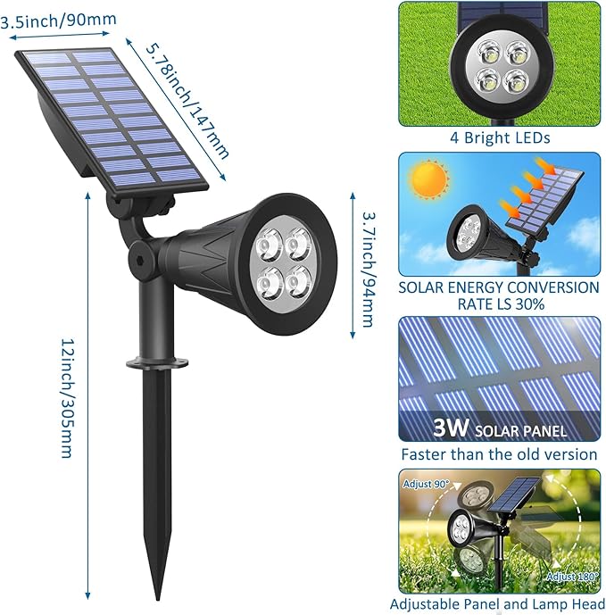T-SUNUS Green Solar Landscape Spotlights 4 Pack, Solar Spot Lights Outdoor Waterproof, 4 LED Solar Spotlight with Auto On/Off, Adjustable Angle, 2 Lighting Modes for Yard Garden Tree Patio Pathway