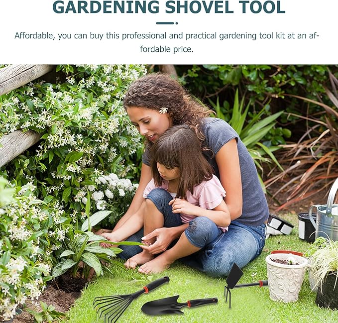 FOMIYES 5pcs Gardening Tool Set with Planting Shovel, Dual-use Hoe and Rake, Soil Loosening Cultivator, and Grass Weeder – Black Rubber Handles for Outdoor Gardening and Succulent Planting