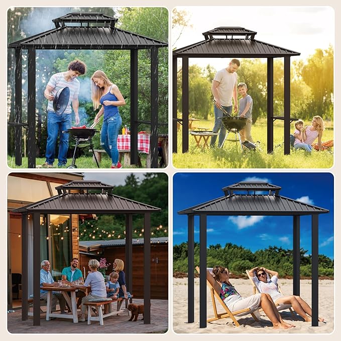 Hoteel Grill Gazebo 6x8FT Hartop Gazebo, Barbecue Gazebo with Galvanized Steel Double Roof, Outdoor Patio Aluminum Frame, 2 Side Shelves for Deck Lawn Backyard Garden and Party, Black(2026 Version)