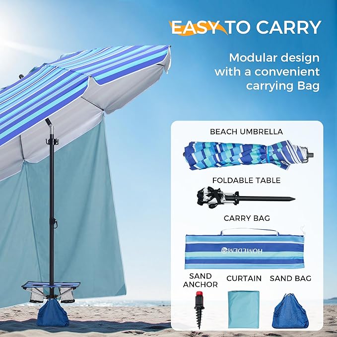 HOMEDEMO 8FT Large Beach Umbrella with Weight Bag & Sand Anchor, Outdoor Umbrellas with Adjustable Aluminum Pole and Table, Heavy Duty Windproof & UPF 50+